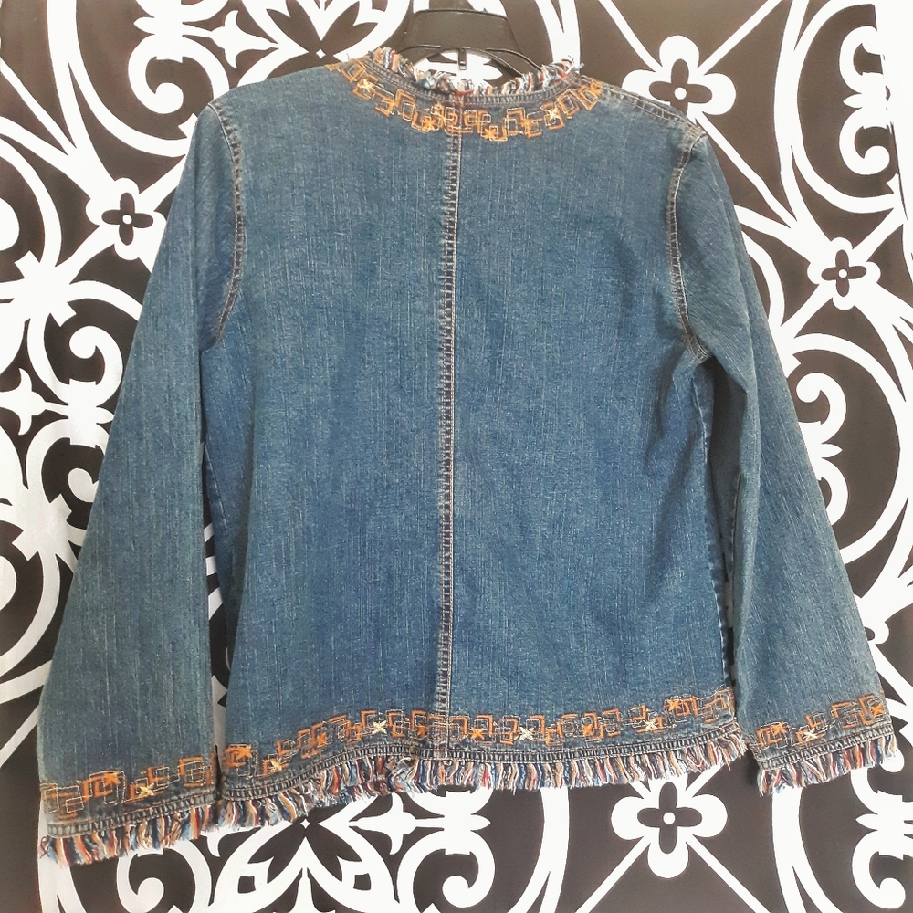 Ruby Rd Embroidered Denim Fringe Blue Jean Jacket - Picture 3 of 7